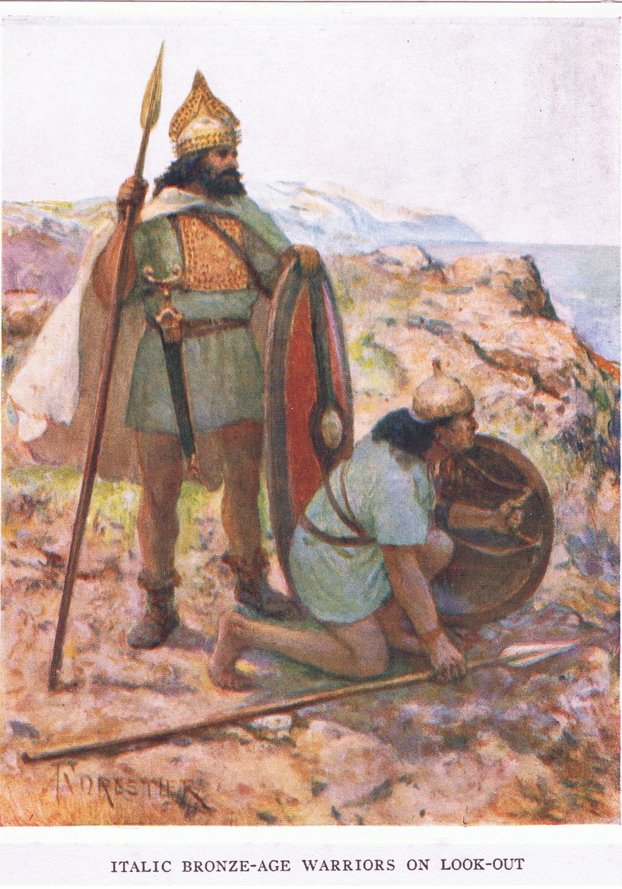 Guerreiros da Idade do Bronze Itálico em alerta, ilustração do 