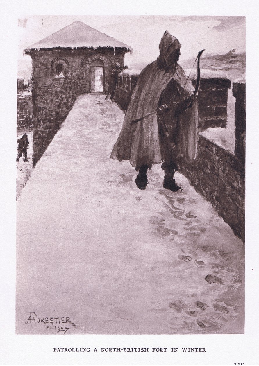 Patrulhando um forte britânico norte no inverno, ilustração do soldado romano, 1928 de Amedee Forestier