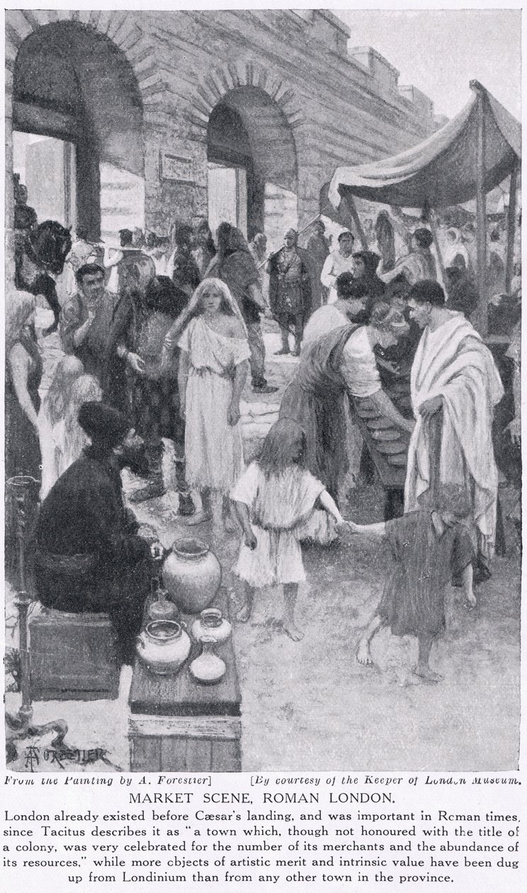 Cena do mercado romano, Londres, ilustração de &39;História das Nações de Hutchinson&39;, c.1910 de Amedee Forestier