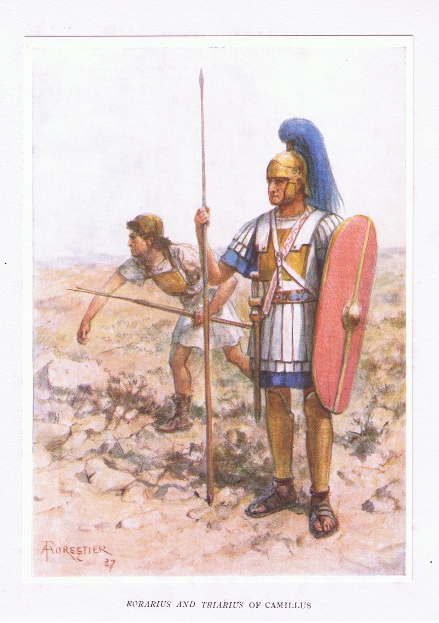 Rorarius e Triarius em Camilla ilustração fromthe Soldado Romano de 1928 de Amedee Forestier