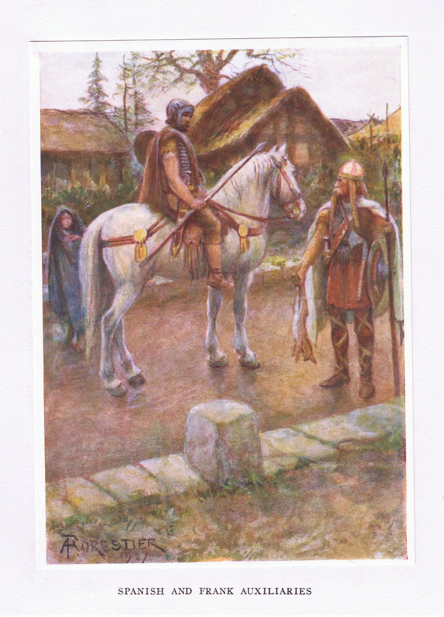 Auxillaries de espanhol e de Frank, ilustração do soldado romano, 1928 de Amedee Forestier
