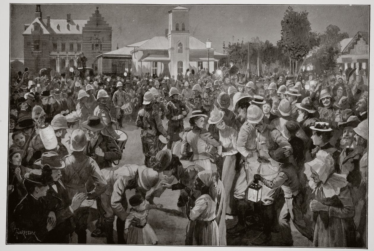 A ocupação britânica de Bloemfontein - Um concerto noturno na praça do mercado pelos canos da Brigada Highland de Amedee Forestier