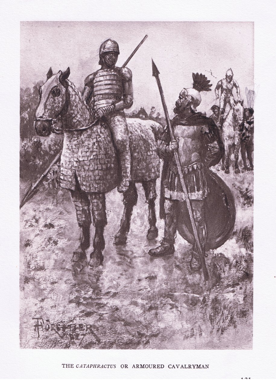 O Cataphractus ou cavaleiro blindado, ilustração de The Roman Soldier, 1928 de Amedee Forestier