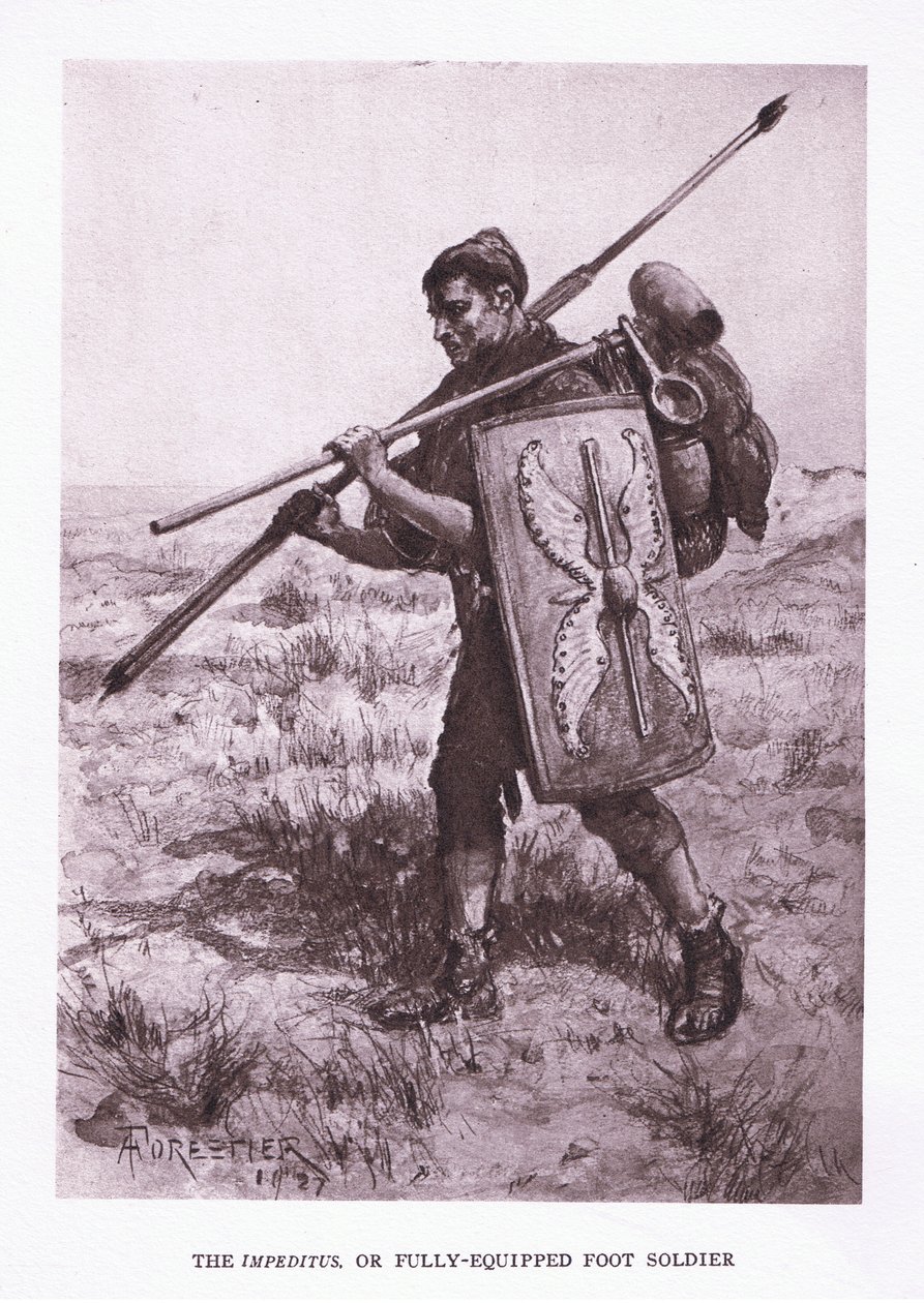 O Impeditus ou soldado de infantaria totalmente equipado, ilustração de The Roman Soldier, 1928 de Amedee Forestier