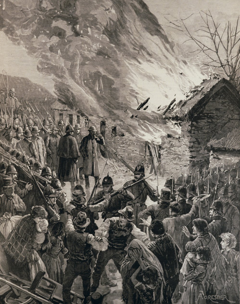 A guerra de aluguel na Irlanda: queimando as casas de inquilinos despejados em Glenbeigh, Condado de Derry, de &39;The Illustrated London News&39;, 29 de janeiro de 1887 de Amedee Forestier