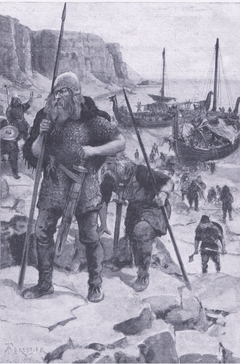 Os Vikings encontram a América, de My Magazine, pub.1922 (litho) de Amedee Forestier