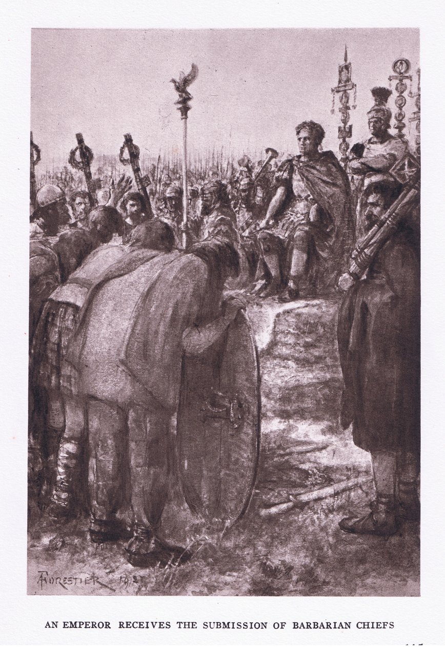 O imperador recebe a submissão de chefes bárbaros, ilustração do soldado romano, 1928 de Amedee Forestier