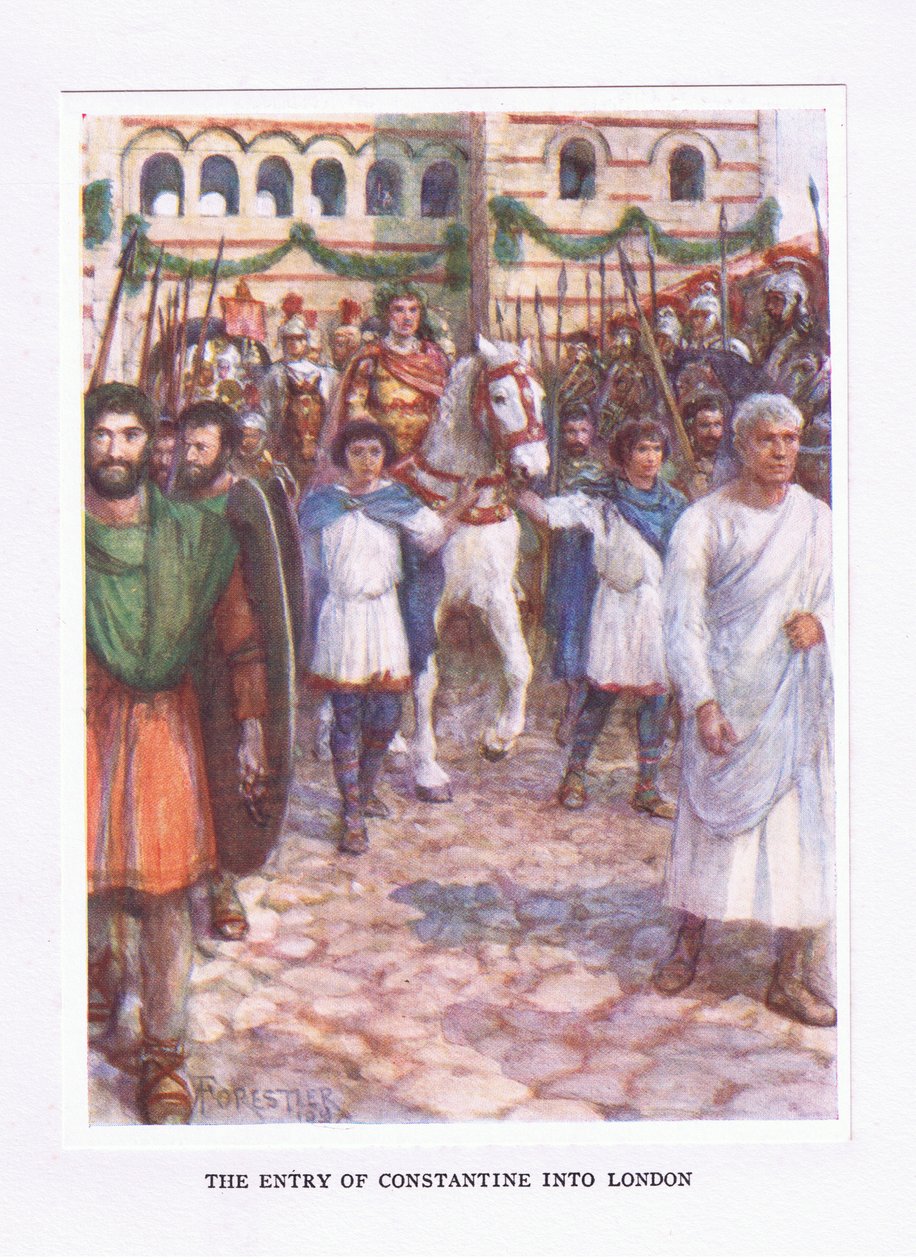 A entrada de Constantino em Londres, ilustração de O Soldado Romano, 1928 de Amedee Forestier