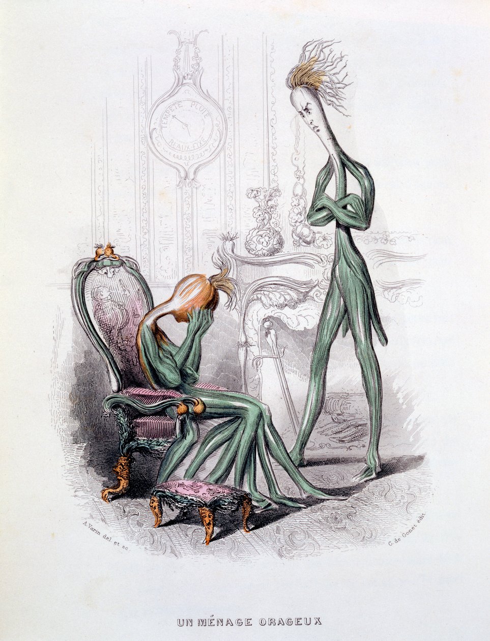 A Stormy Household, ilustração de &39;L&39;Empire des Legumes Memoires de Curcurbitus&39;, publicada em 1851 (gravura colorida à mão) de Amedee Varin