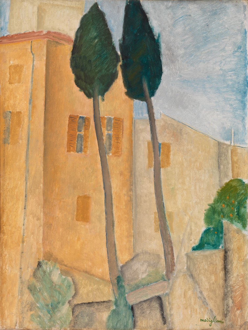 Ciprestes e casas em Cagnes de Amedeo Modigliani