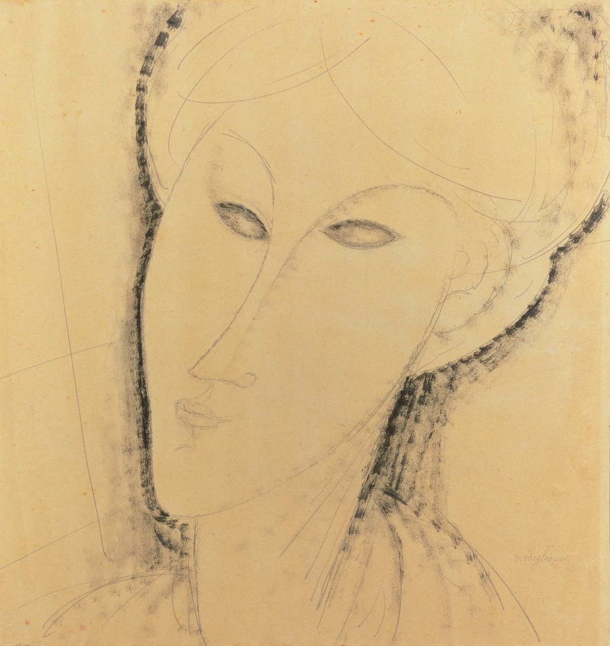 Cabeça de uma mulher (caneta, pincel, tinta e lápis sobre papel) de Amedeo Modigliani