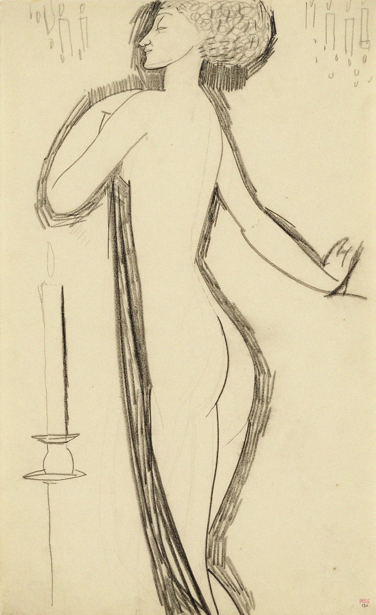 Nu feminino em pé de perfil com vela acesa, c. 1911 de Amedeo Modigliani