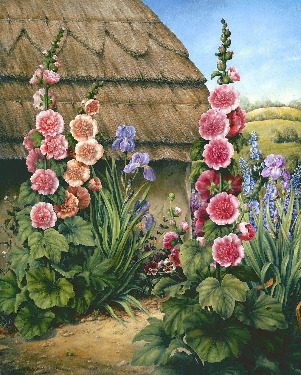 Cottage Garden com Hollyhocks, 1995 de Amelia Kleiser