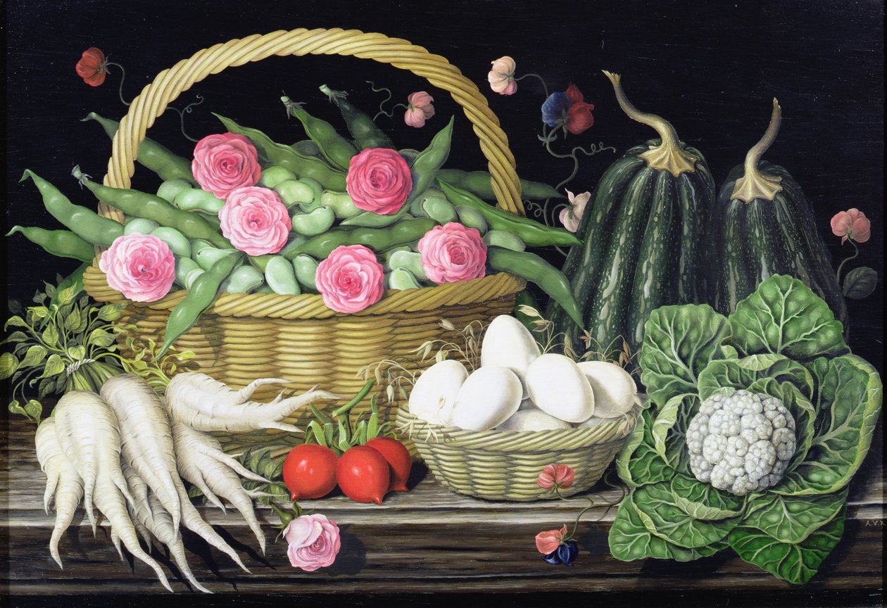 Ovos, favas e rosas na cesta, 1995 de Amelia Kleiser
