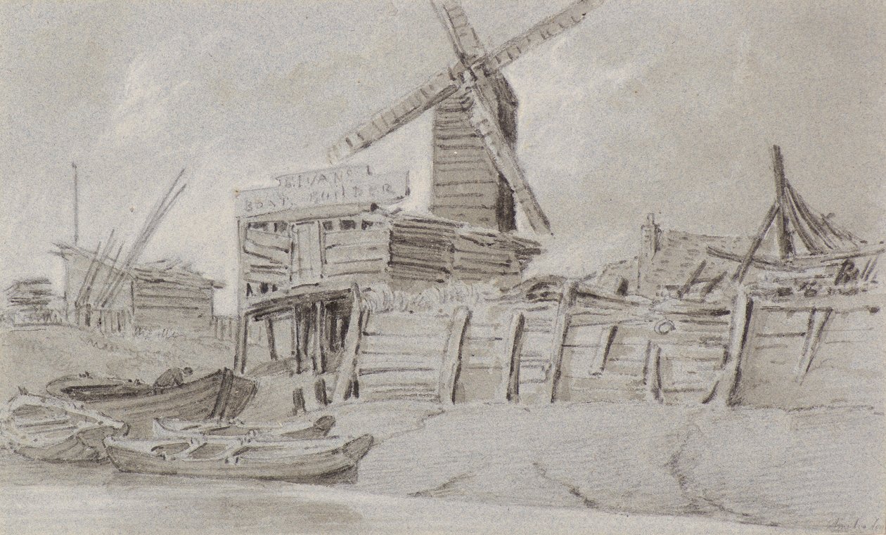 Moinho de vento e pátio do barco, c.1803 (carvão, lápis e lavagem) de Amelia Long