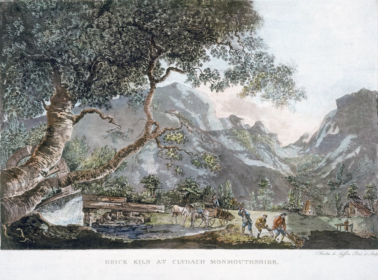 Forno de tijolo em Clydach, Monmouthshire, 1795 (aquatinta colorido) de Amelia de Suffren