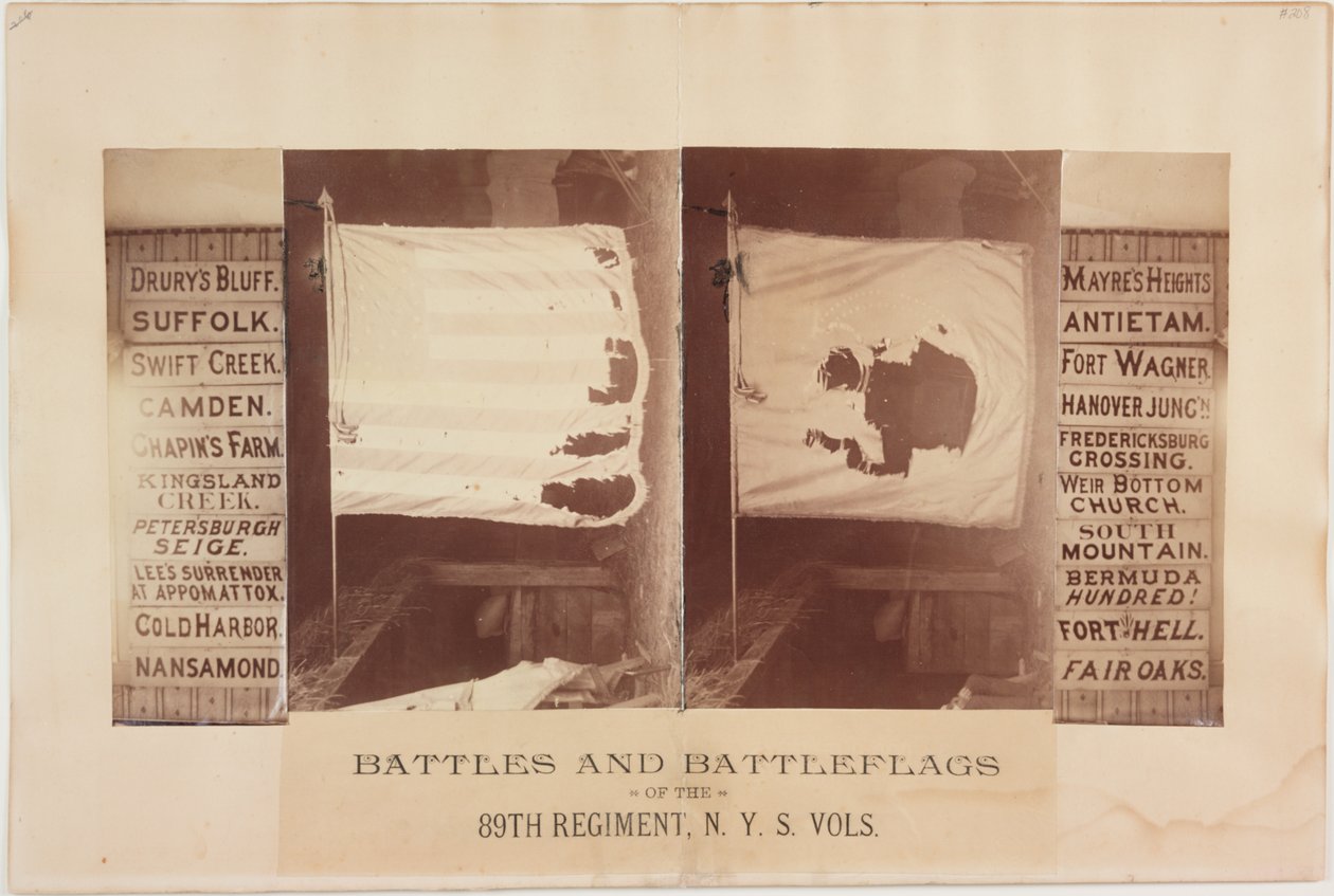 Batalhas e Battleflags do 89º Regimento, NYS Vols., C.1870 (foto sépia) de American Photographer