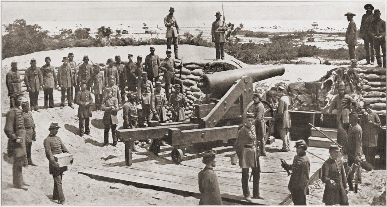 Canhão confederado de 32 libras e artilheiros de milícia com vista para a entrada em Pensacola Bay, Flórida, antes da Guerra Civil Americana, março de 1861 de American Photographer