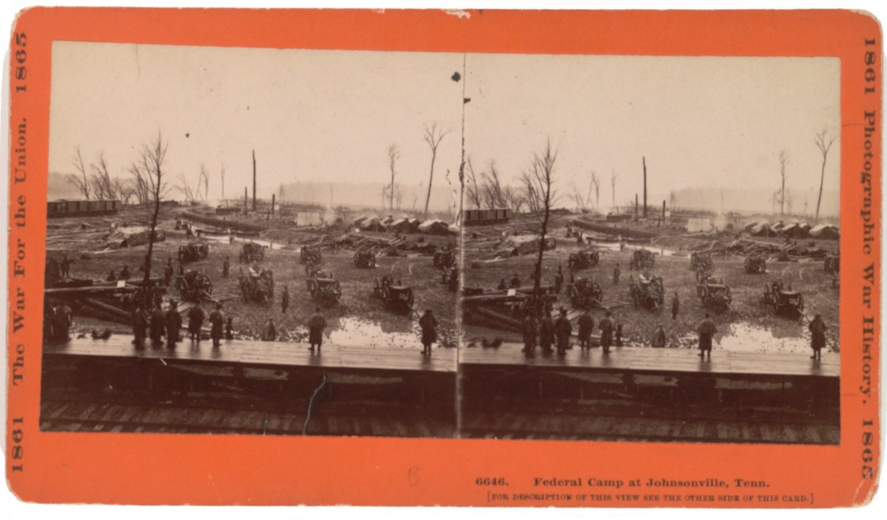Visualização de Stereocard de Johnsonville, TN antes da evacuação quando ameaçada por Forrest, dezembro de 1864, publicado por Taylor e Huntington, Hatford, Conn, c.1880 (foto sépia) de American Photographer