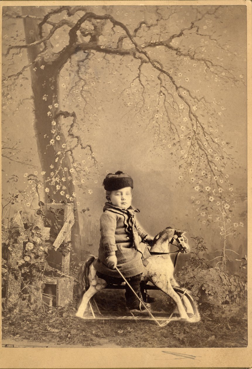 Menino jovem, sentada, um, cavalo balanço, com, grande, pintado, pano de fundo, 1880s, (albumen, impressão) de American Photographer
