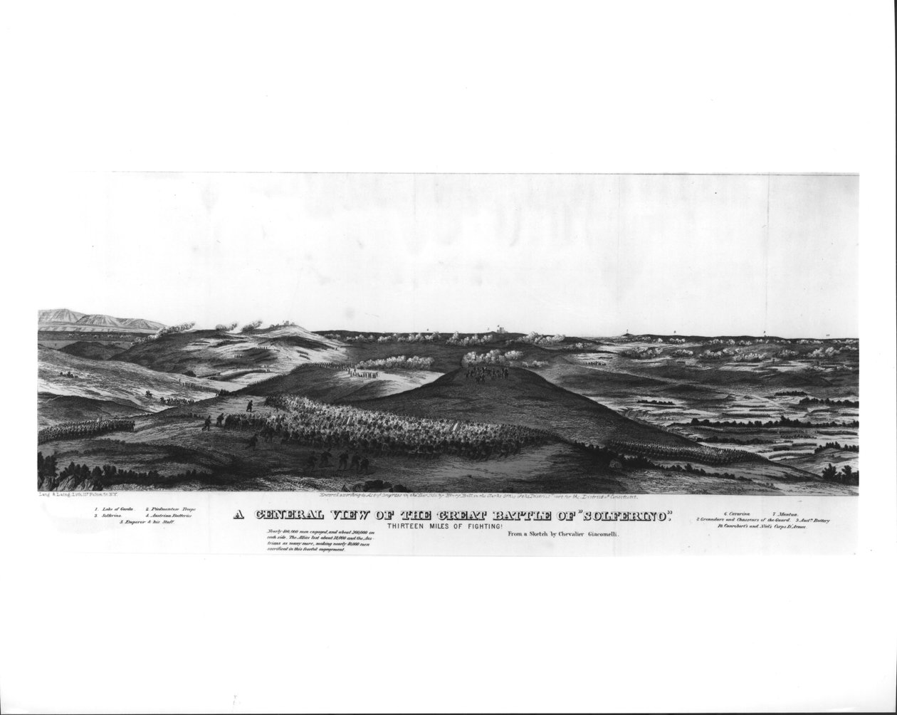 Uma Visão Geral da Grande Batalha de Solferino, 24 de junho de 1859, a partir de um esboço de Chevalier Giacomelli, pub. de Lang und Laing, c.1859 de American School