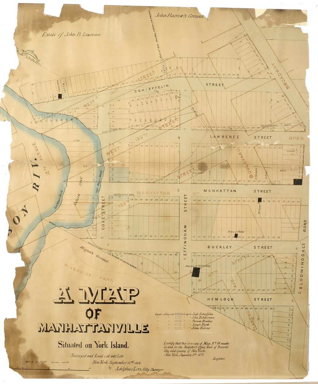 Um Mapa de Manhattanville, situado em York Islands, foi classificado e colocado em lotes por Adolphus Loss, 1806 (Caneta e tinta (preto e colorido), aquarela sobre papel; montada sobre tecido) de American School