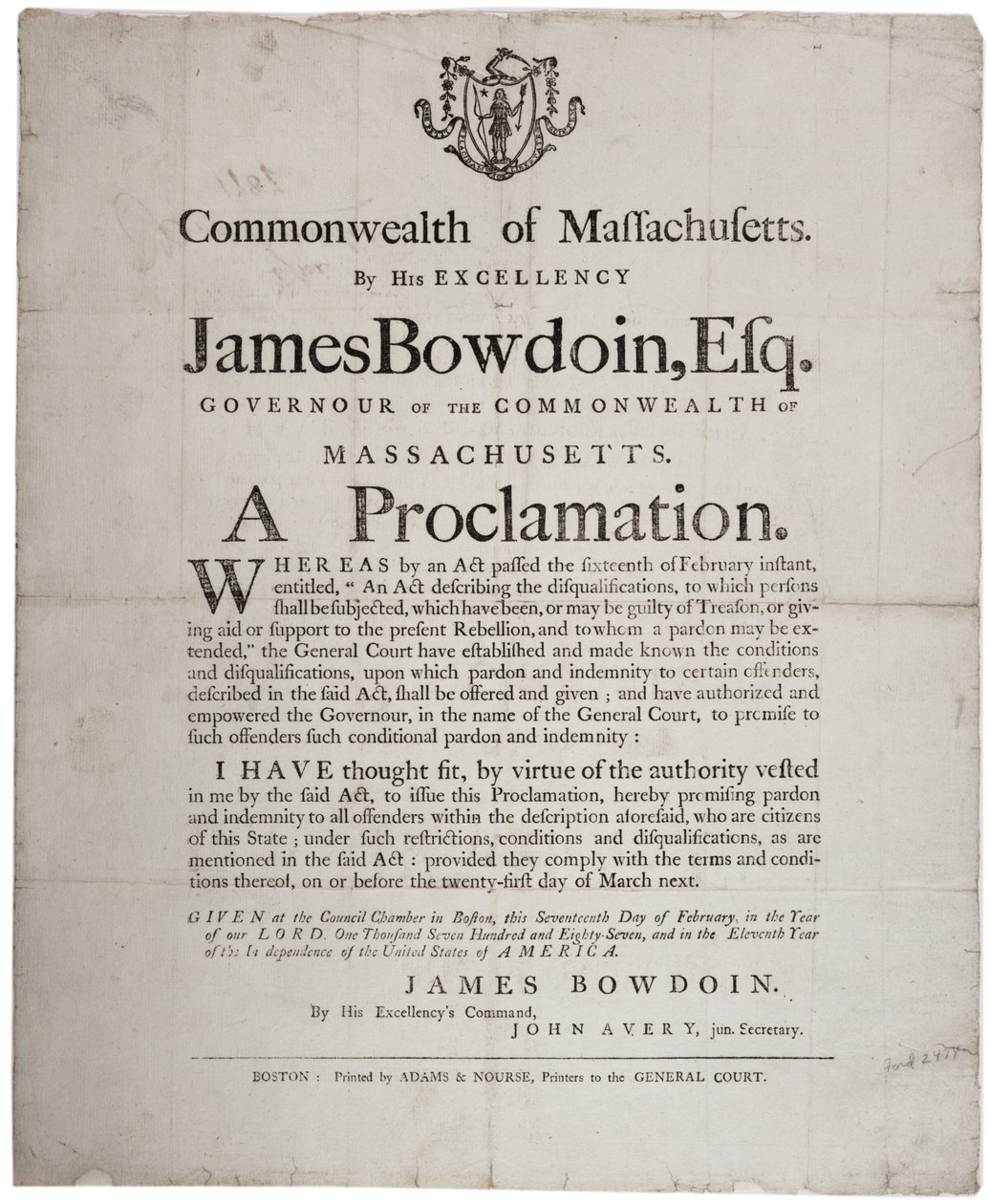 Proclamação: oferta de anistia aos rebeldes de Shays, 17 de fevereiro de 1787 de American School