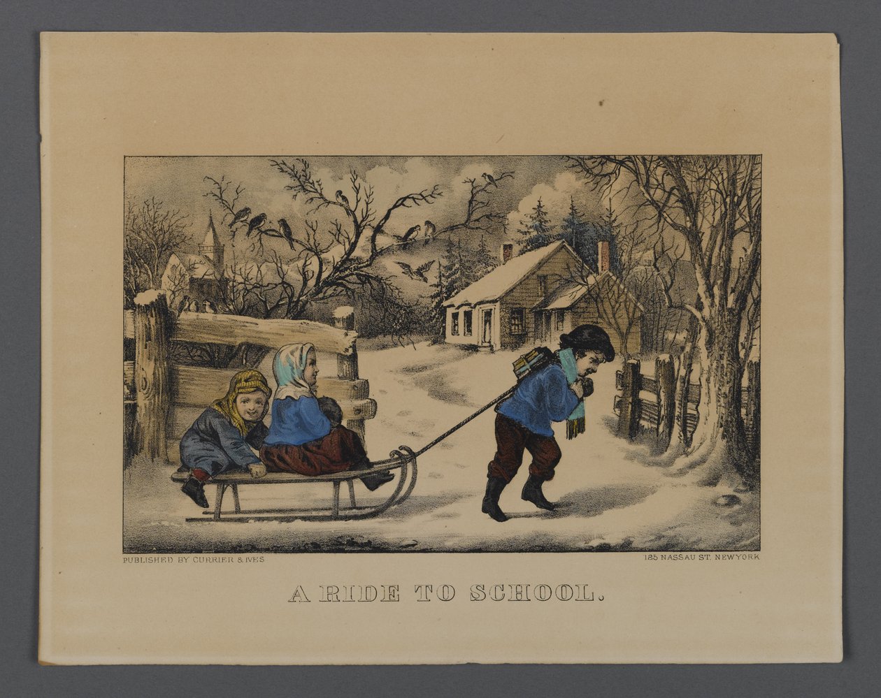 Um passeio à escola, publicado pela Currier & Ives, Nova York (litho colorido à mão) de American School