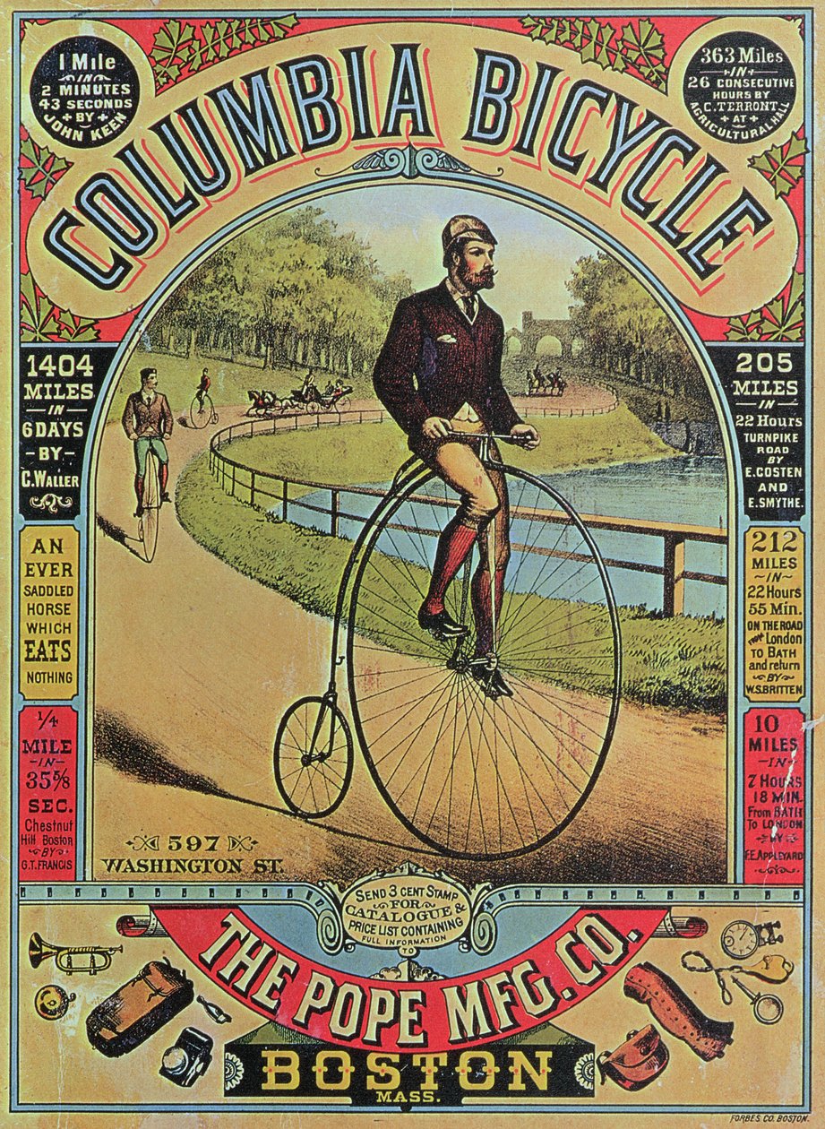 Anúncio para a bicicleta de Columbia pelo Papa MFG Co., Boston de American School