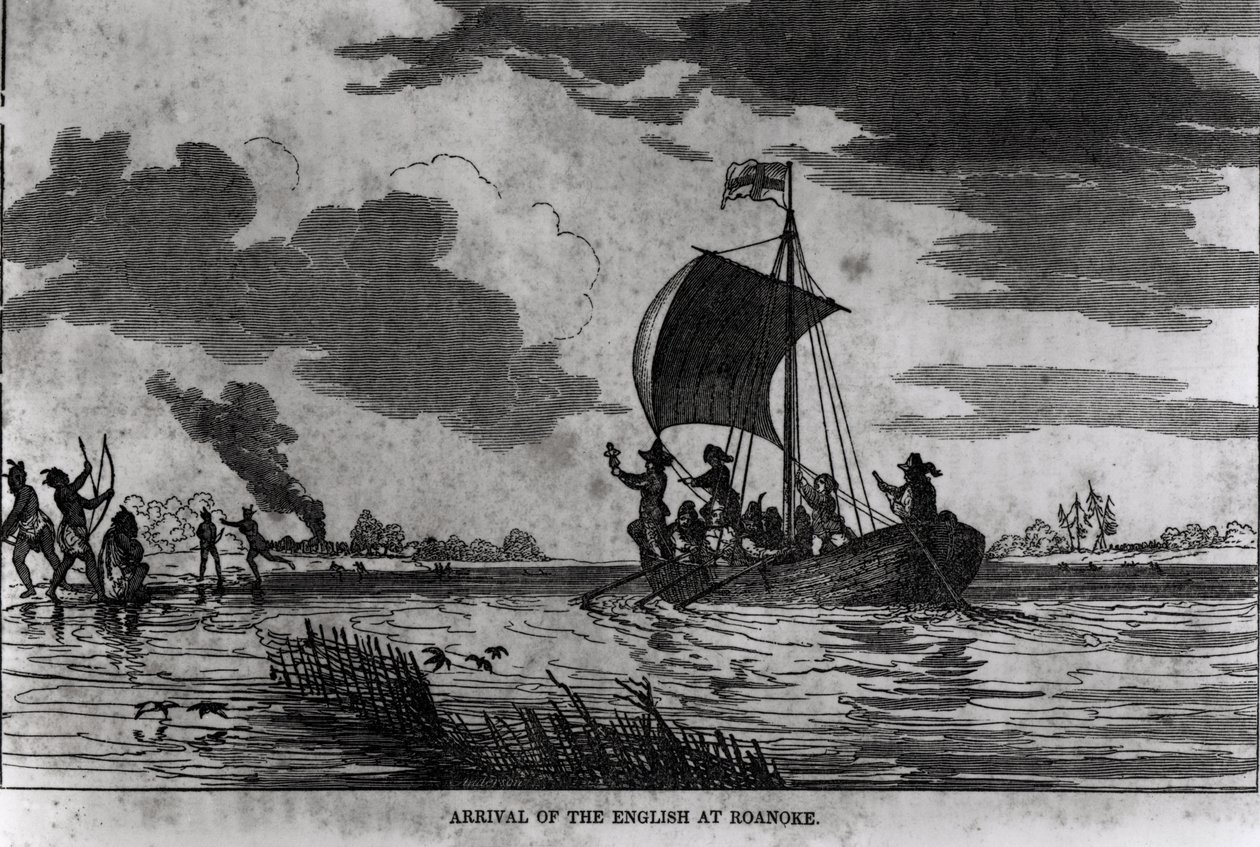 Chegada dos ingleses em Roanoke, 1587, de "Narrative and Critical History of America" de Justin Winsor, 1831 de American School