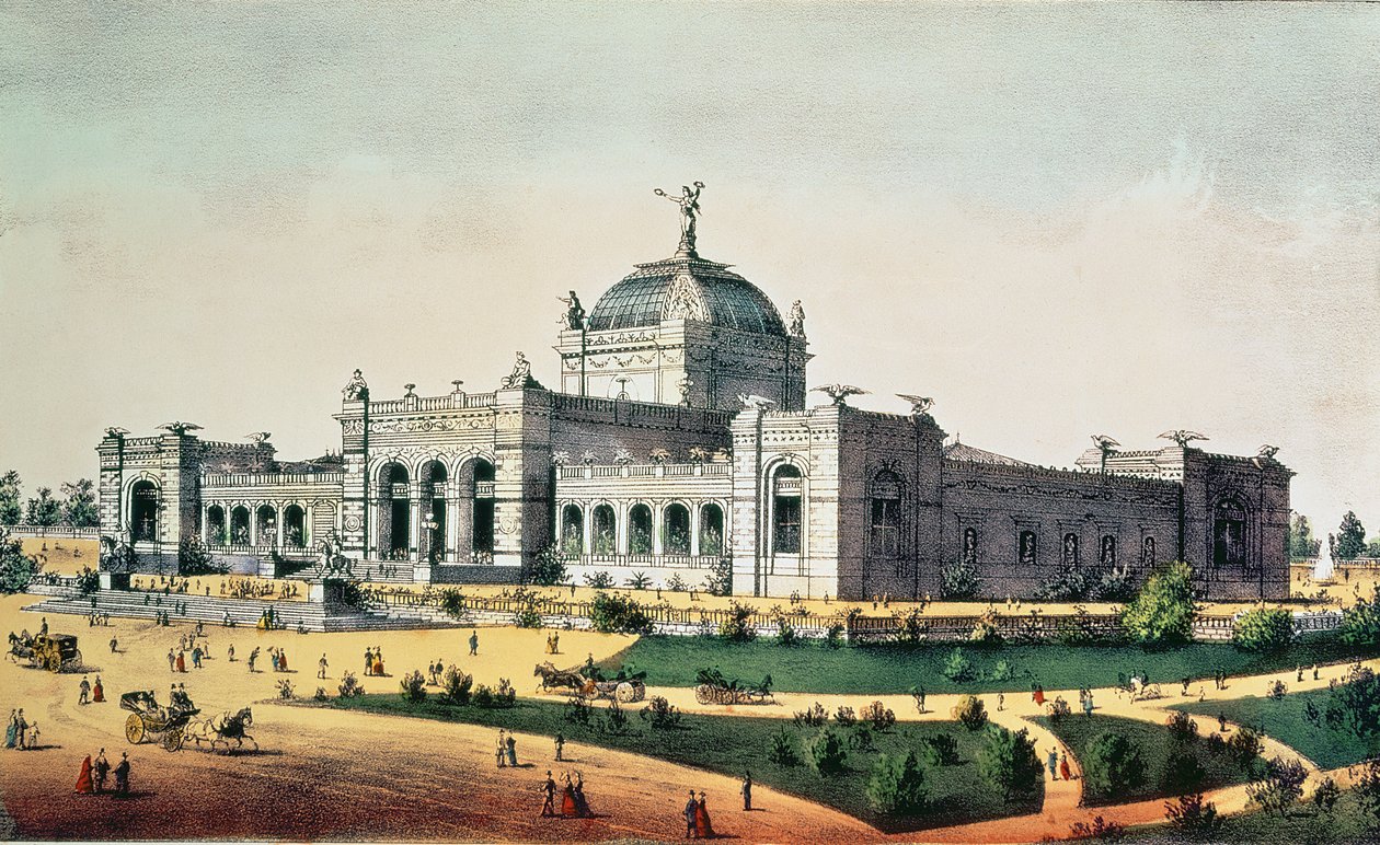 Galeria de Arte, Exposição do Centenário dos Grandes Estados Unidos, Fairmount Park, Filadélfia, 1876, pub. de Currier und Ives de American School