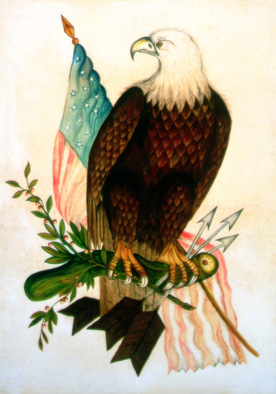 Águia careca com bandeira (tempera em veludo) de American School