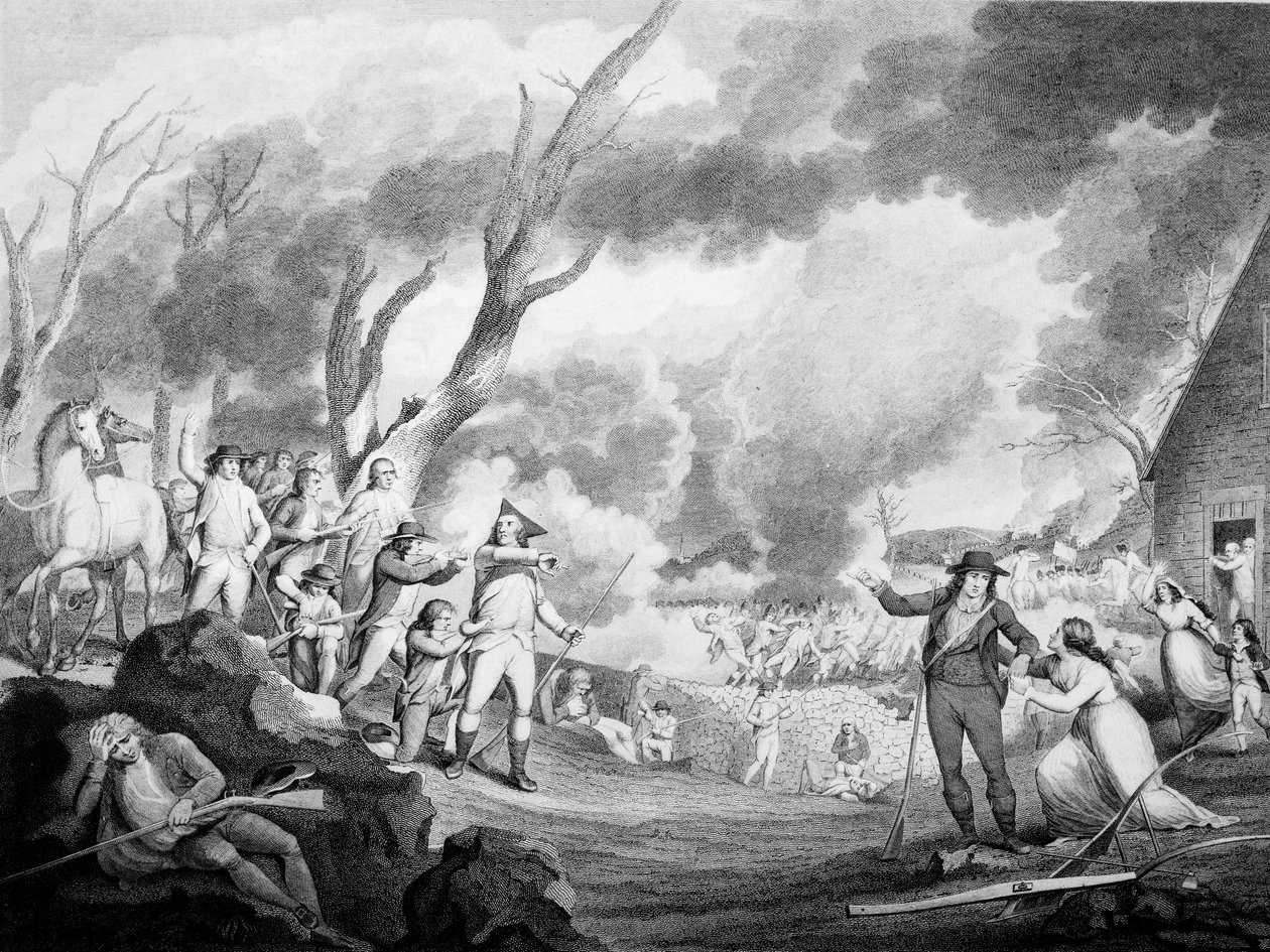 Batalha de Lexington, 19 de abril de 1775, gravada por Cornelius Tiebout (c.1773-1832) de American School