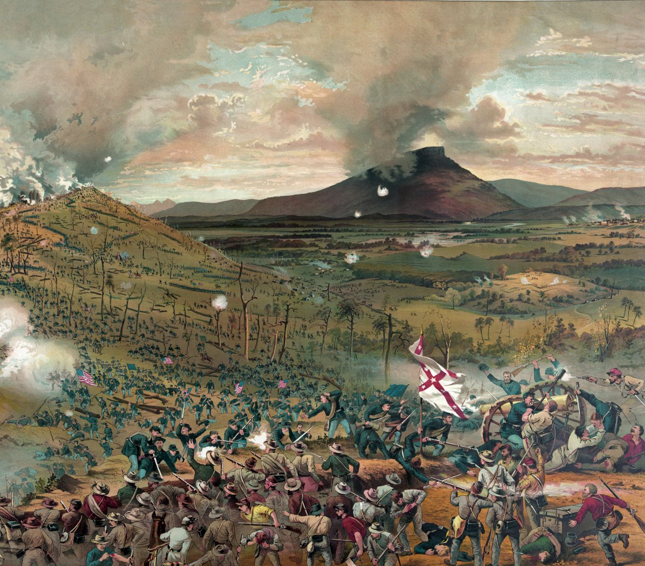 Batalha de Mission Ridge, 25 de novembro de 1863 - apresentado com os cumprimentos da McCormick Harvesting Machine Company, pub. 1886 (litografia a cores) de American School