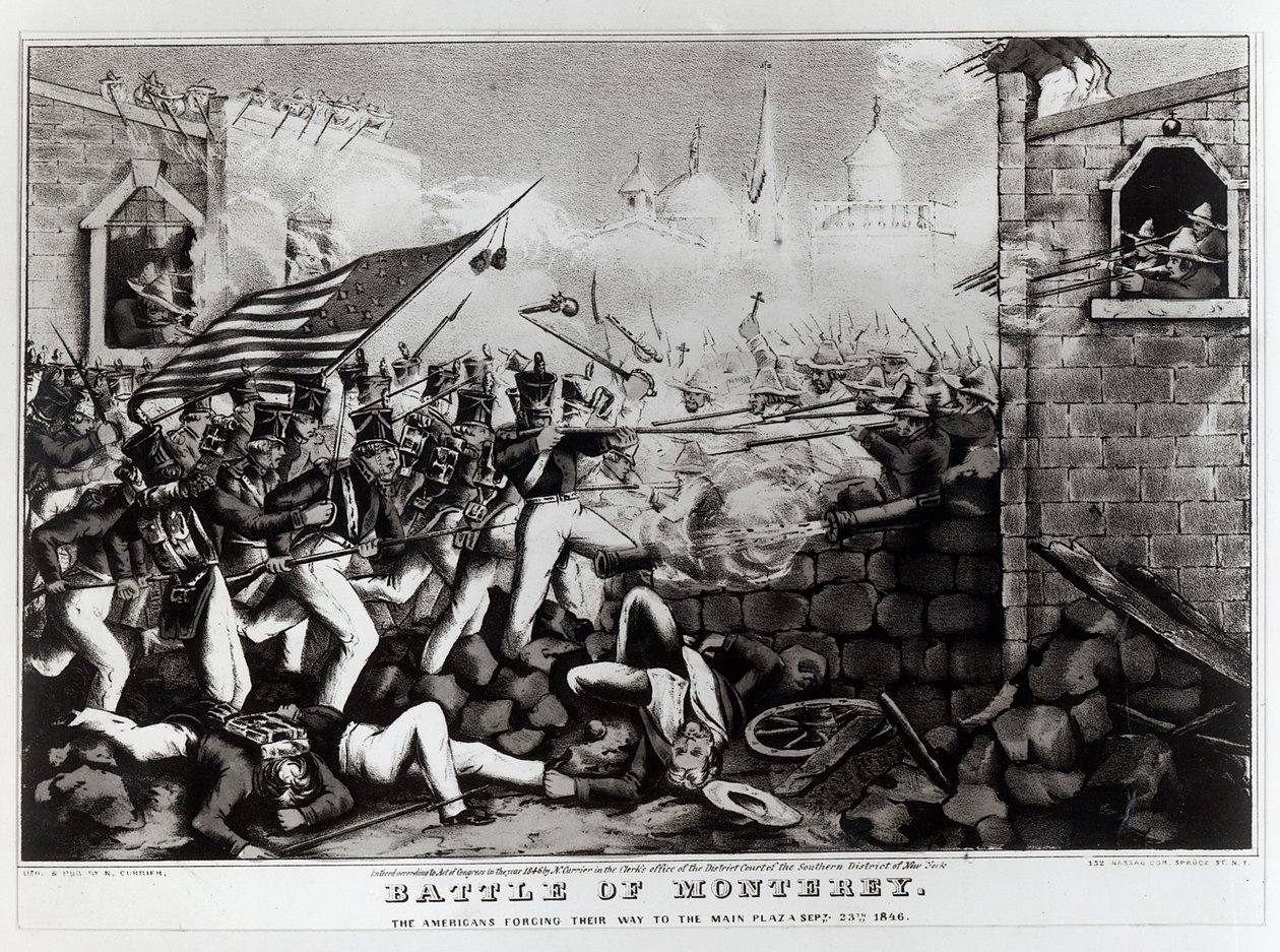 Batalha de Monterey: os americanos forçando seu caminho para a praça principal, 23 de setembro de 1846, gravada e publicada por Nathanial Currier (1813-88), 1846 de American School