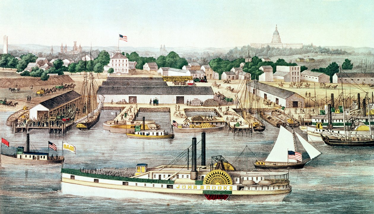 Vista aérea do Sixth Street Wharf, Washington DC, publicado por Charles Magnus, 1863 de American School