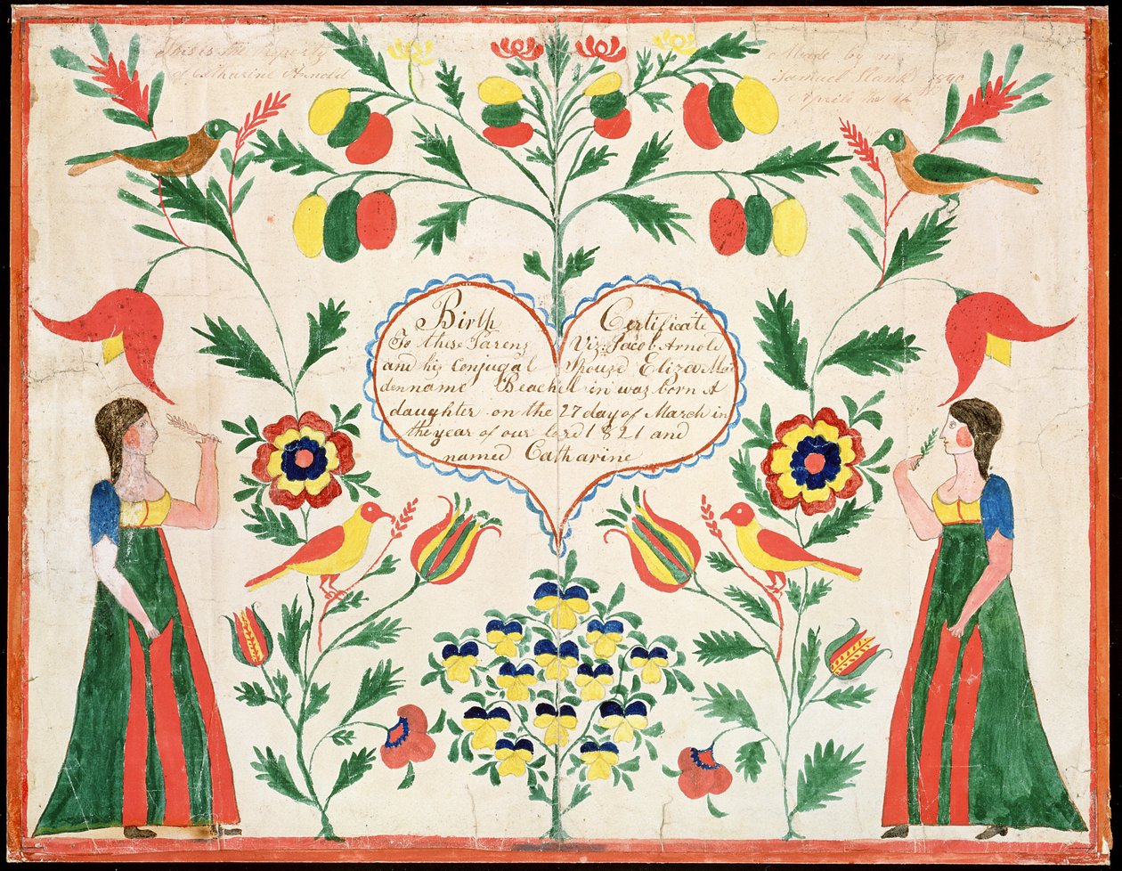 Certidão de nascimento, 1821 (caneta e tinta e wc no papel) de American School