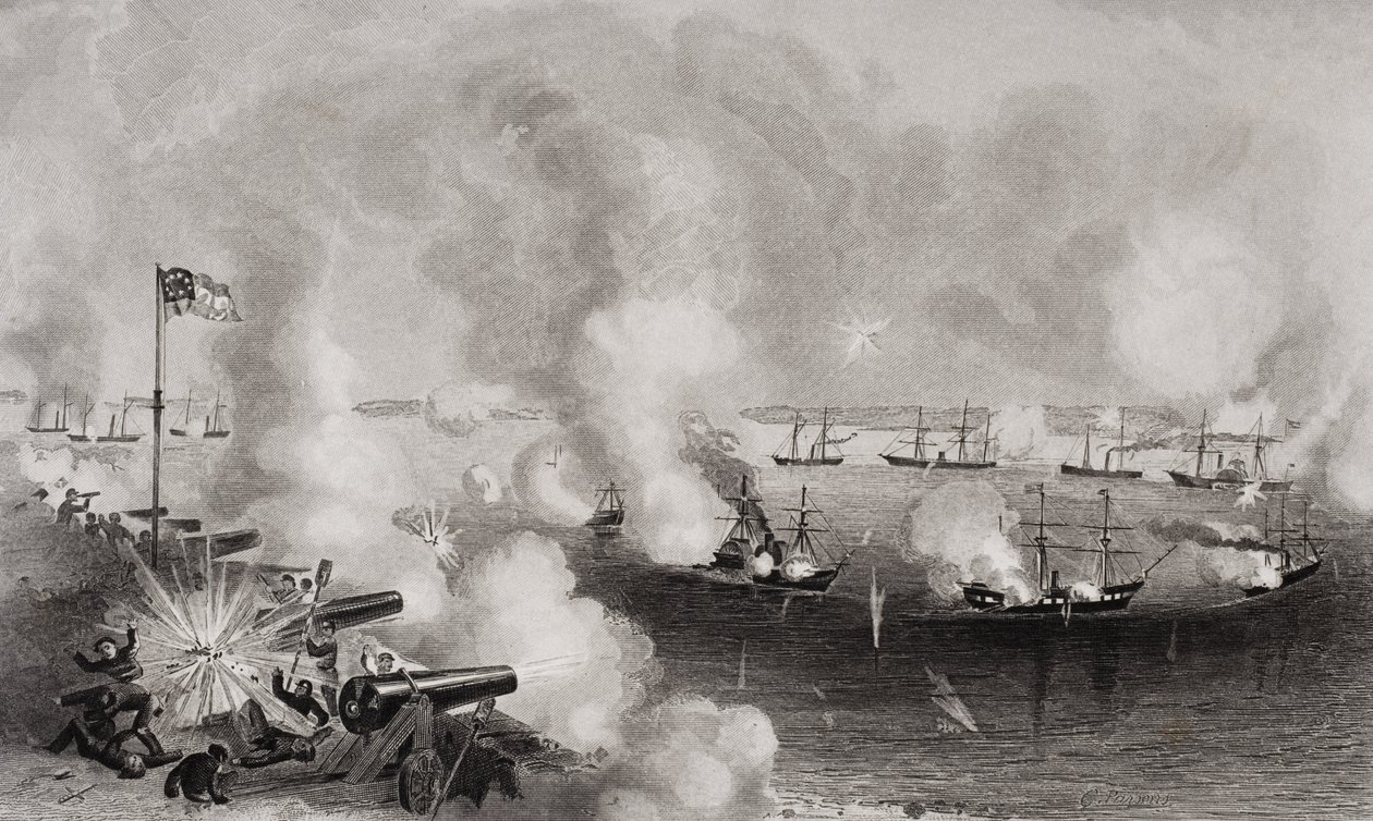Bombardeio e captura de Fortes Walker e Beauregard, Port Royal, Carolina do Sul, em 7 de novembro de 1861 de American School