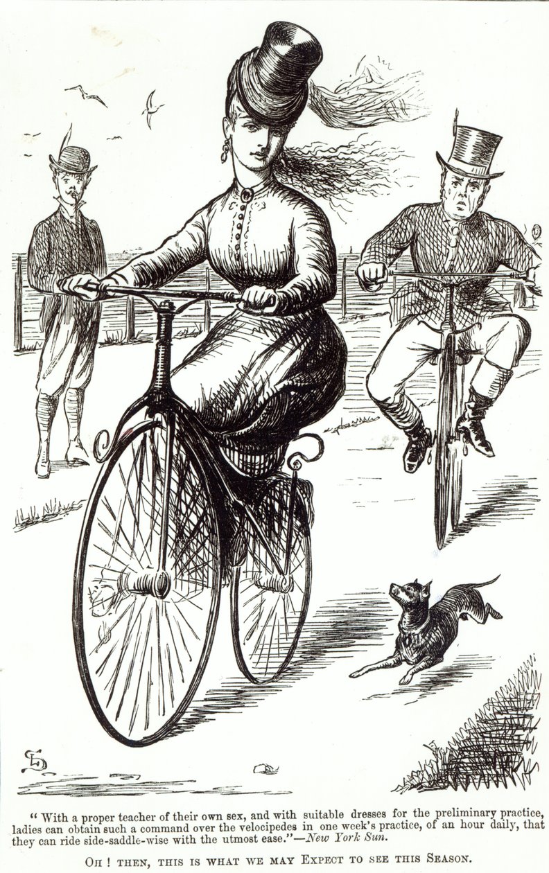 Desenhos animados de uma senhora em um Velocipede, 1869 de American School