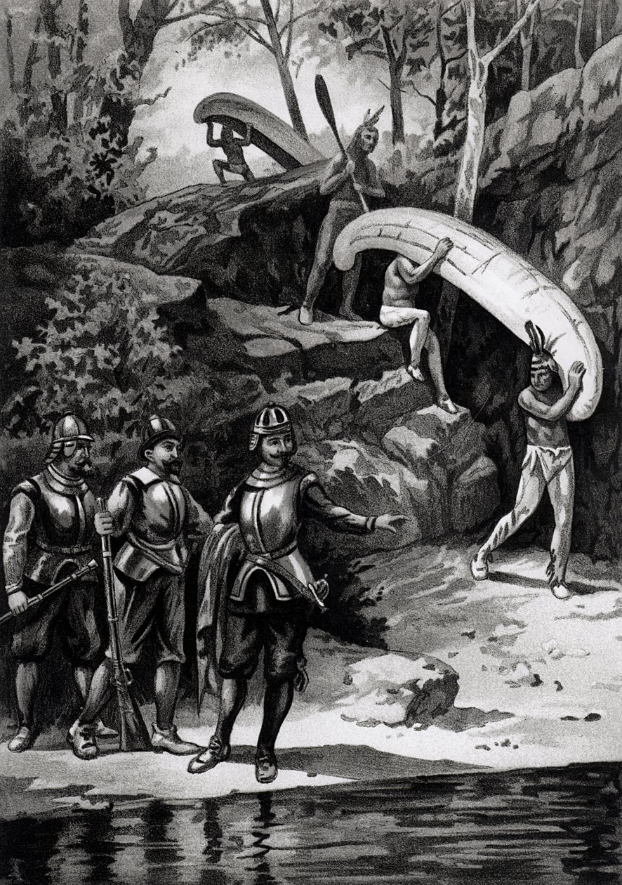 Champlain Explorando o Deserto Canadense, 1603, de "O Continente Americano e seus Habitantes antes de sua Descoberta por Colombo", de Anne C. Cady, 1893 de American School