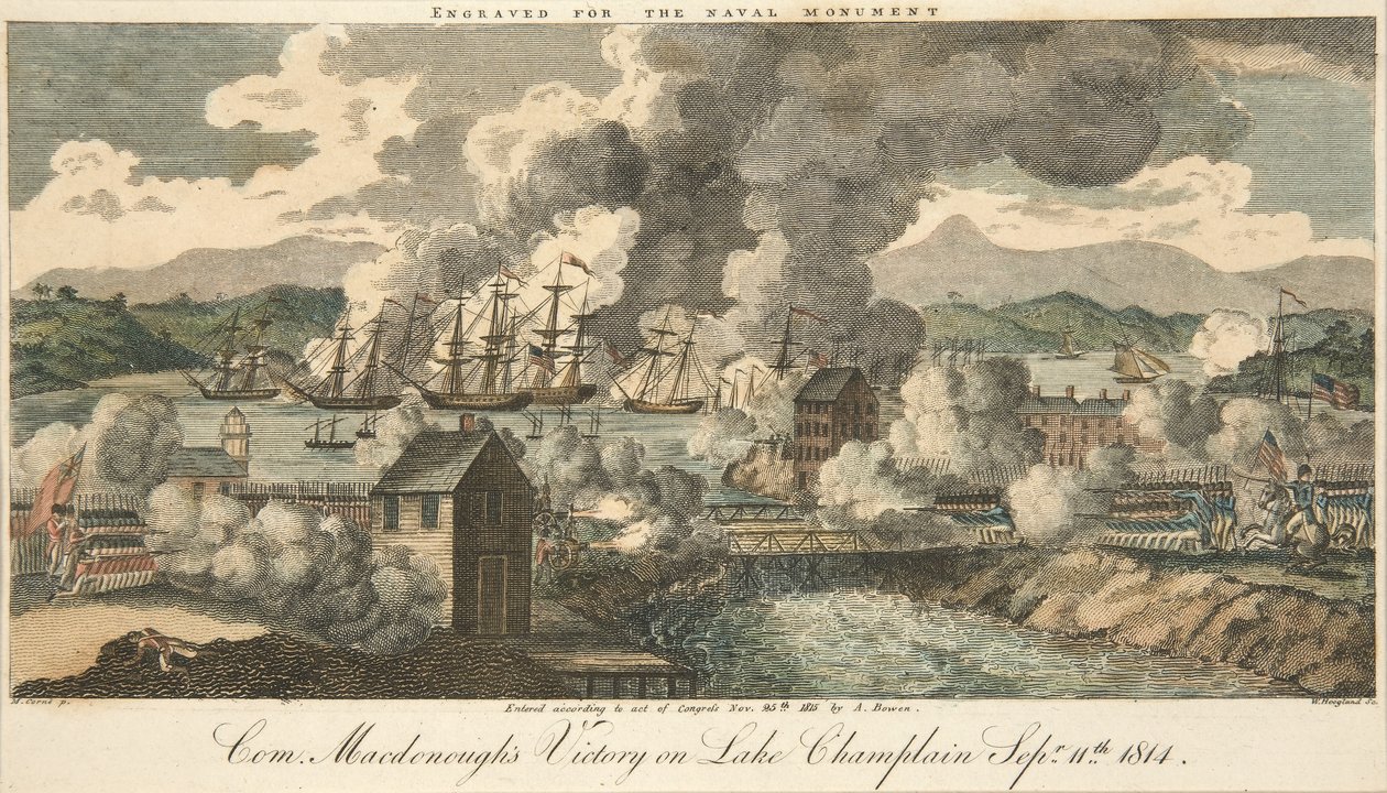 Com. Vitória de Macdonough no lago Champlain Sept. 11, 1814, pub. 1815 (gravura colorida à mão) de American School