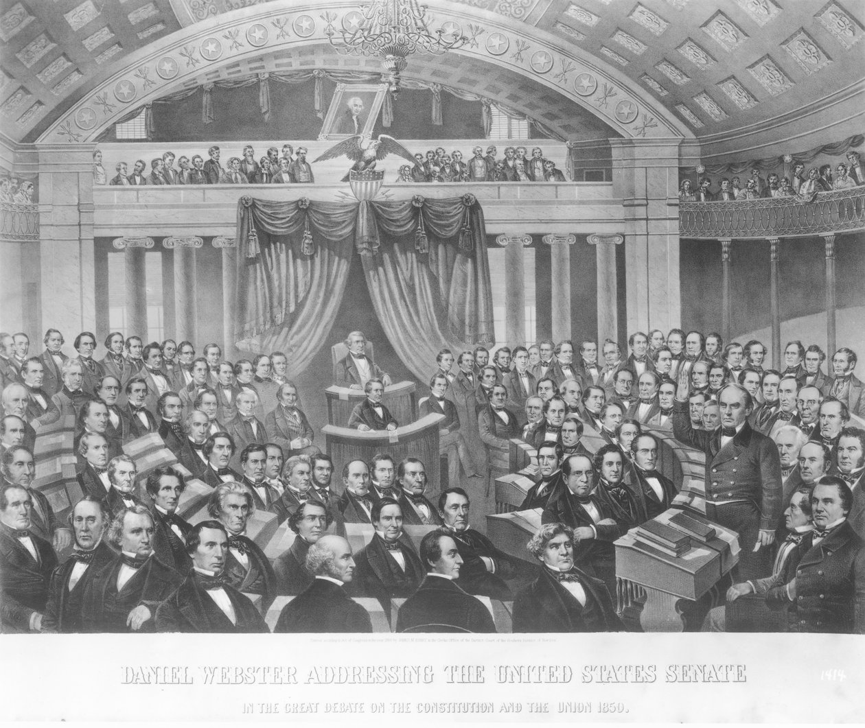 Daniel Webster dirigindo-se ao Senado dos Estados Unidos, no Grande Debate sobre a Constituição e a União em 1850, 1860 de American School