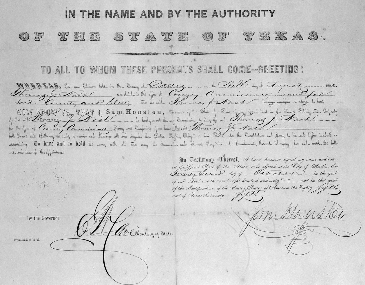 Escrito assinado por Sam Houston (1793-1863) 1860 de American School