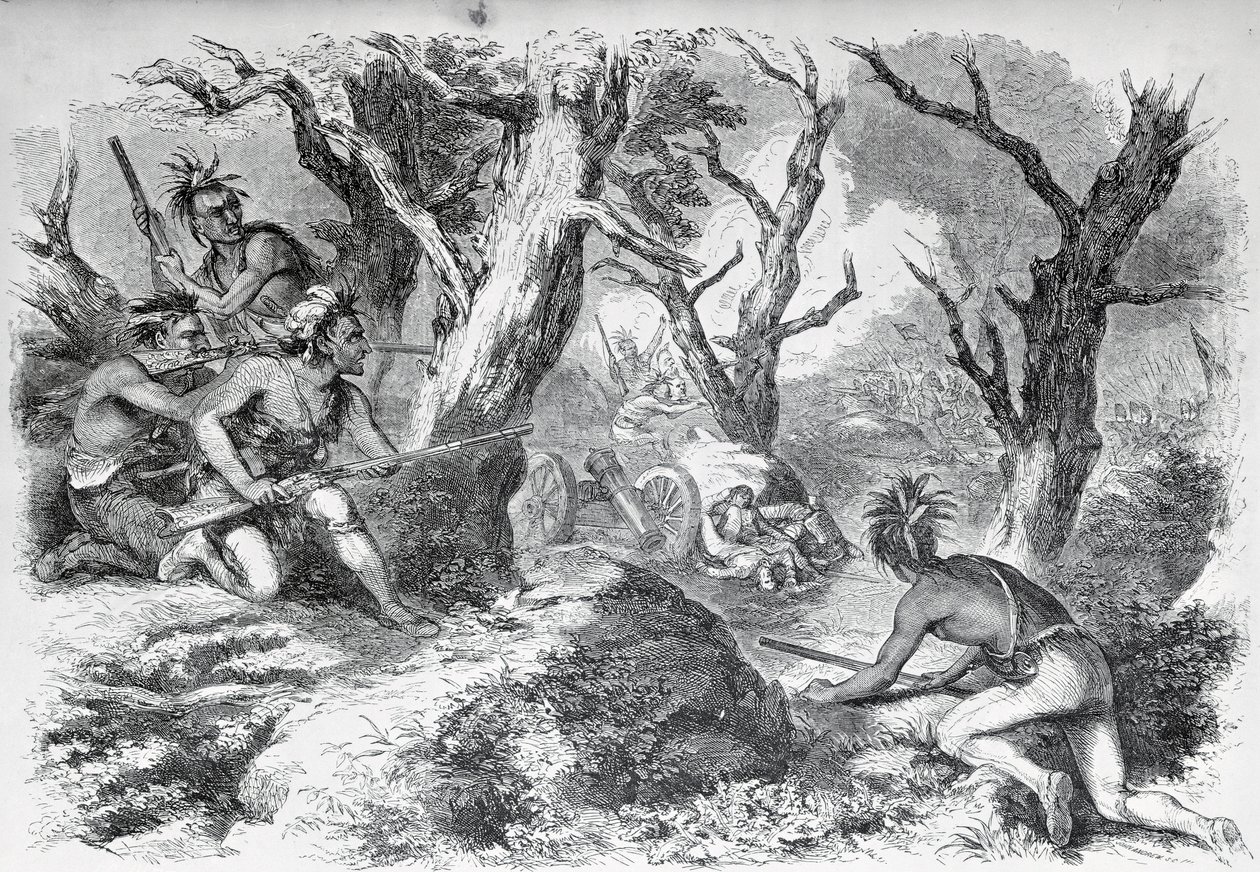 Derrota do general Braddock, na guerra francesa e indiana, na Virgínia, em 1755, do "Companheiro pictórico da sala de visitas de Ballou", 1855 de American School