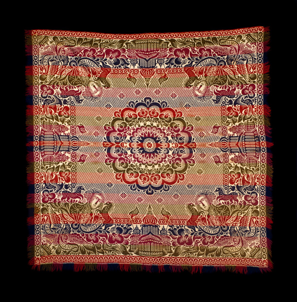 Cobertor Double-Weave, produzido pela Lancaster Carpet, Coverlet, Quilt e Yarn Manufacturing, 1869 (algodão e lã) de American School