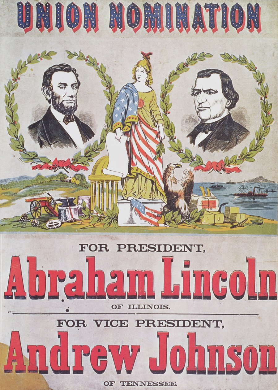 Cartaz da campanha eleitoral para a nomeação da União com Abraham Lincoln concorrendo para o presidente e Andrew Johnson para vice-presidente de American School