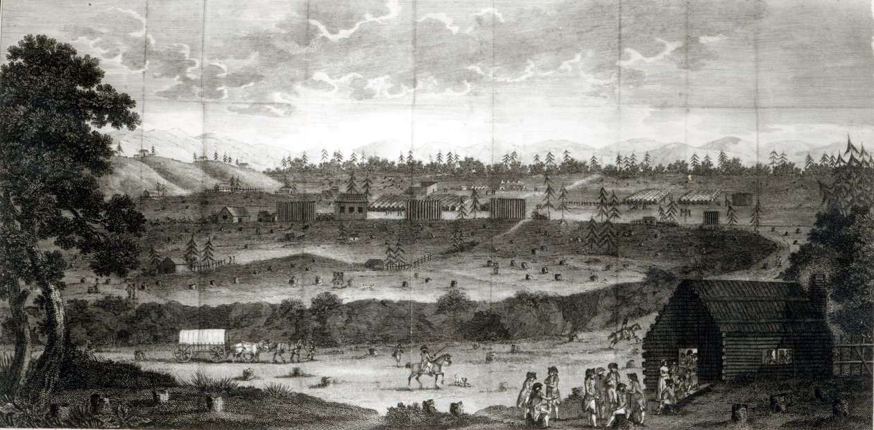 Acampamento do Exército da Convenção, de "Viagens pelas partes interiores da América", por T.Anbury 1789 de American School