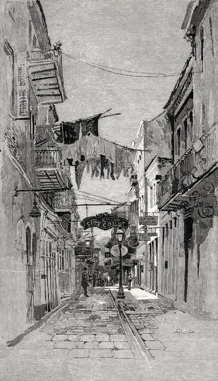Exchange Alley olhando em direção a Canal Street, em Nova Orleans, de "The Century Illustrated Monthly Magazine", de maio a outubro de 1883 de American School