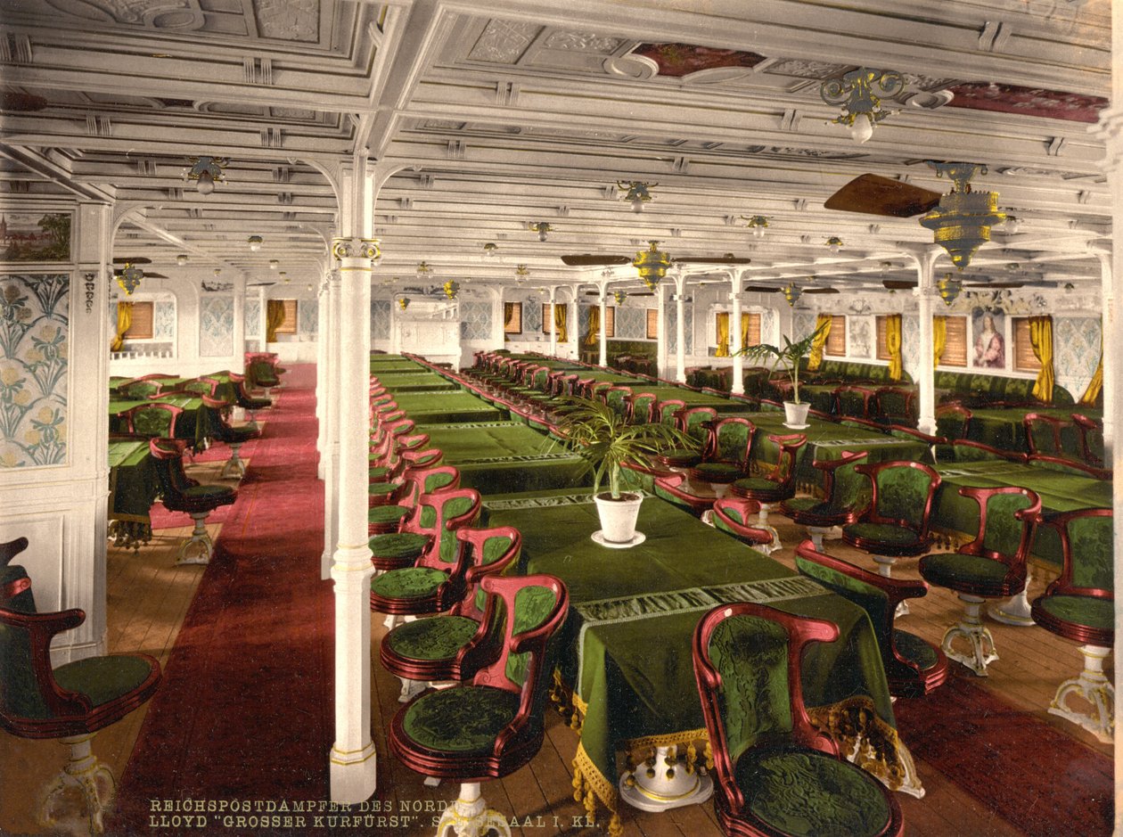 Sala de jantar de primeira classe em Grosser Kurfurst, pub. C. 1899 (litografia a cores) de American School