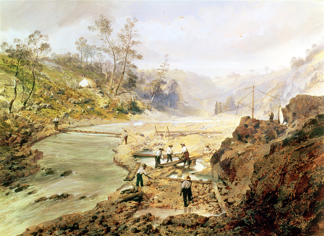 &39;Fortyniners&39; lavando ouro do rio Calaveres, Califórnia, 1858 de American School